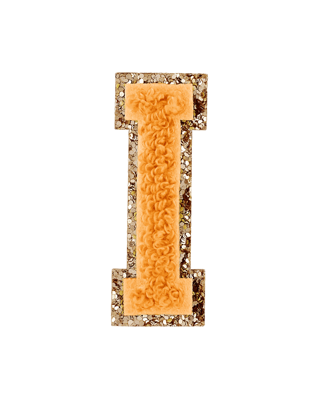 Orange varsity letter patch with a textured chenille surface and gold glitter border