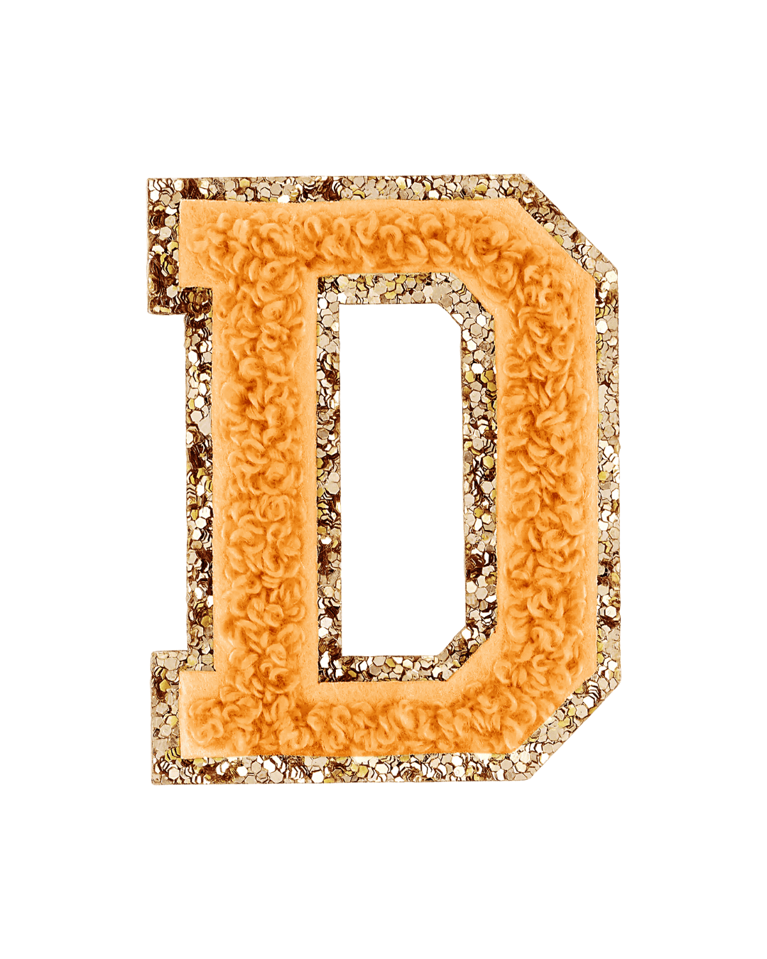 Orange varsity letter D patch with fuzzy texture and glittery gold border on white background