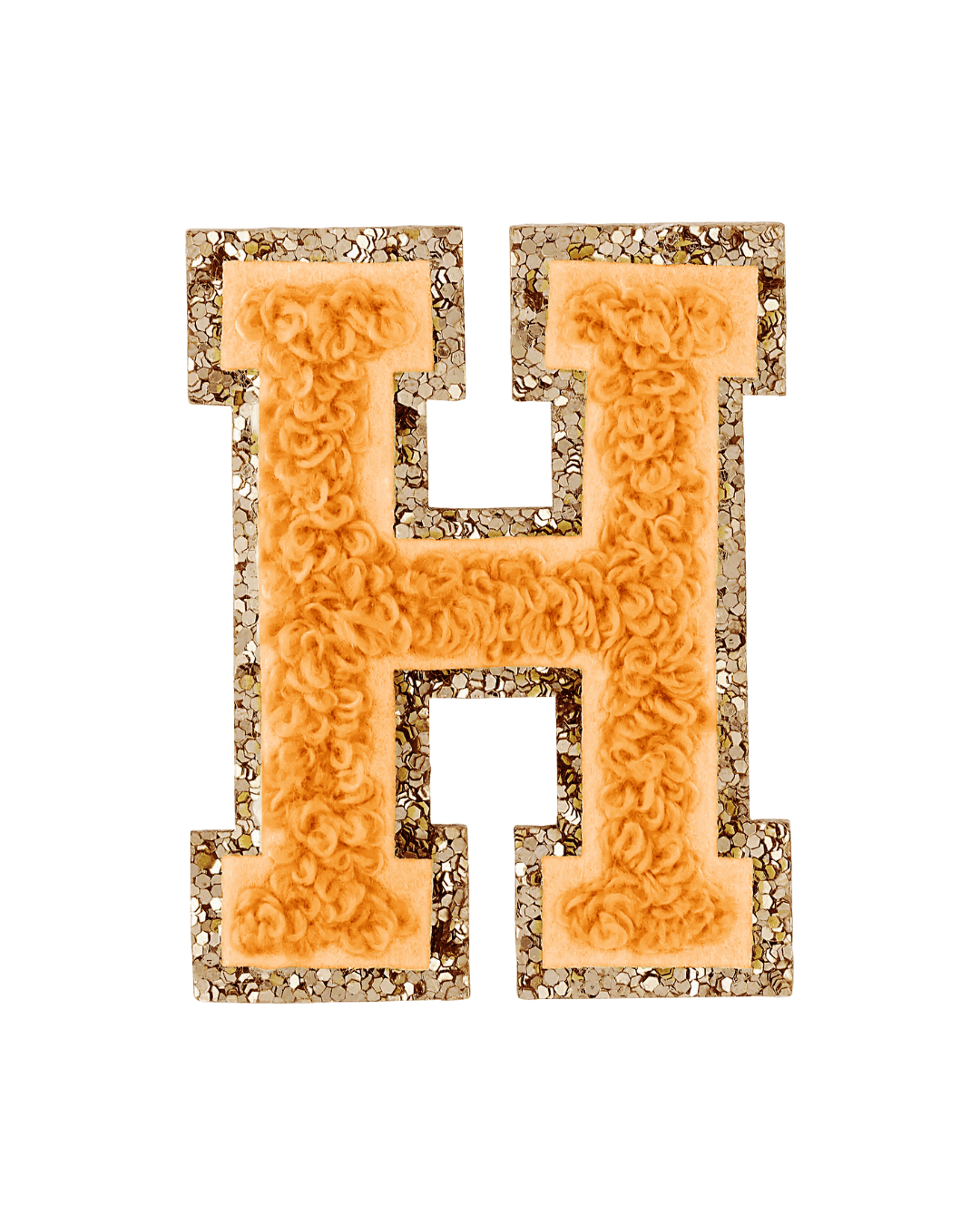 Orange textured varsity letter H patch with gold glitter border on white background