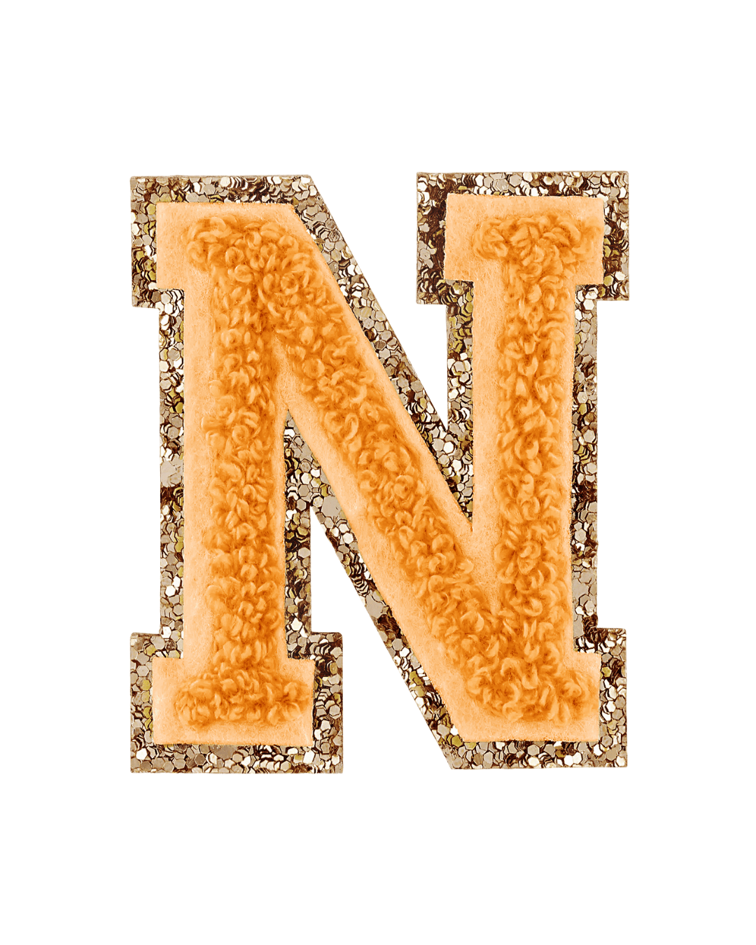 Orange textured letter N patch with gold glitter border on a white background