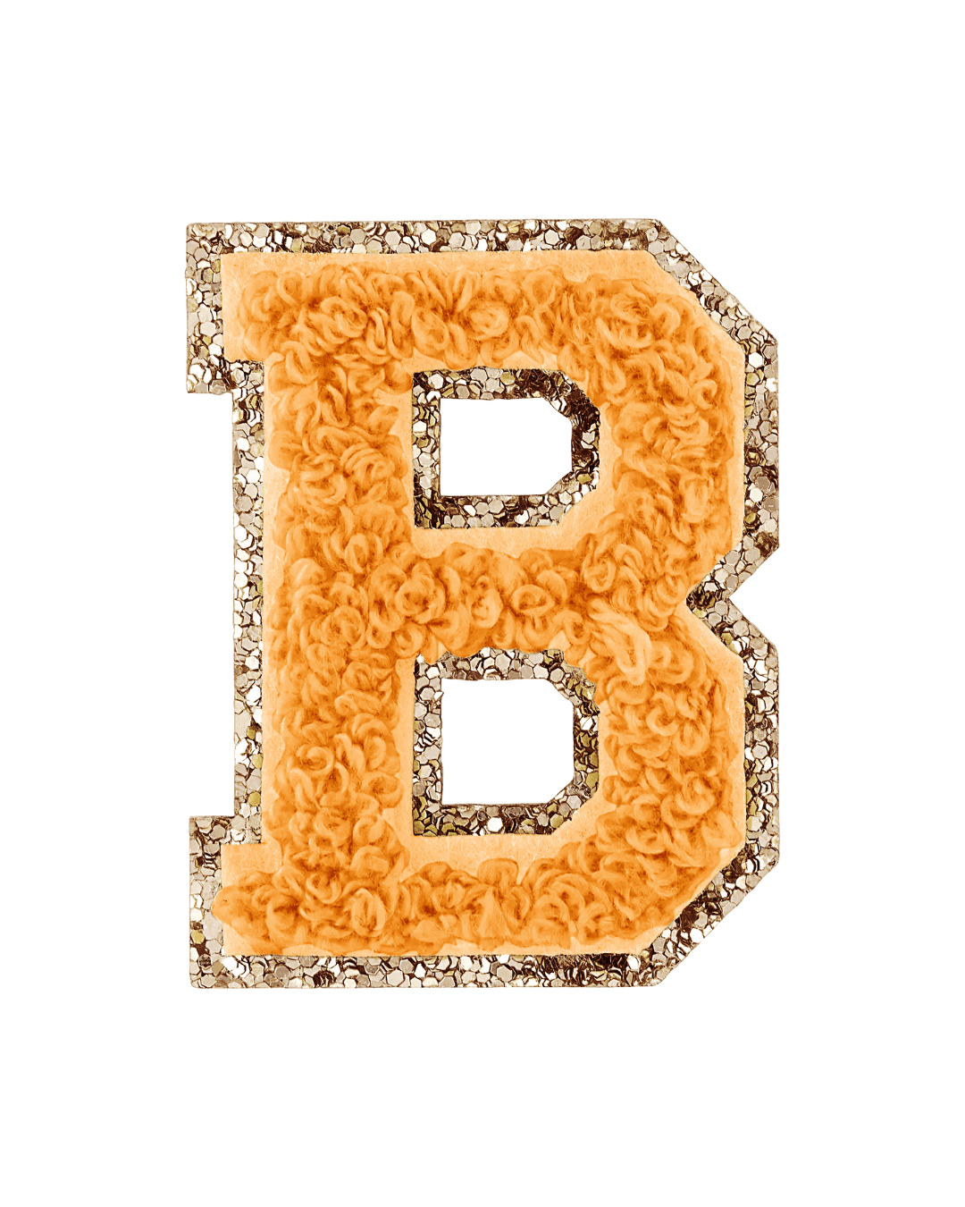 Orange varsity letter B patch with textured fabric and glitter border on white background.