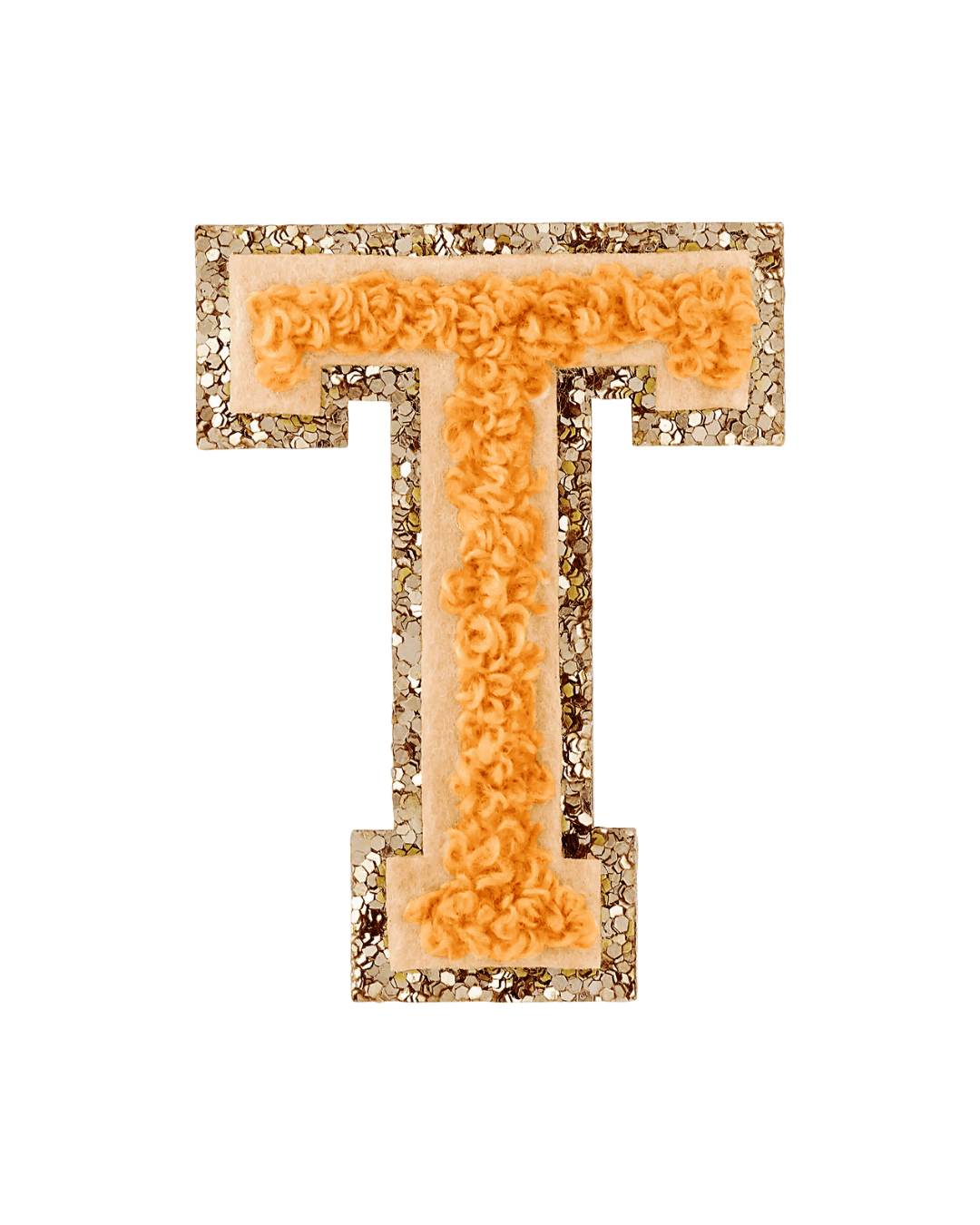 Orange textured letter T patch with gold glitter border on a white background