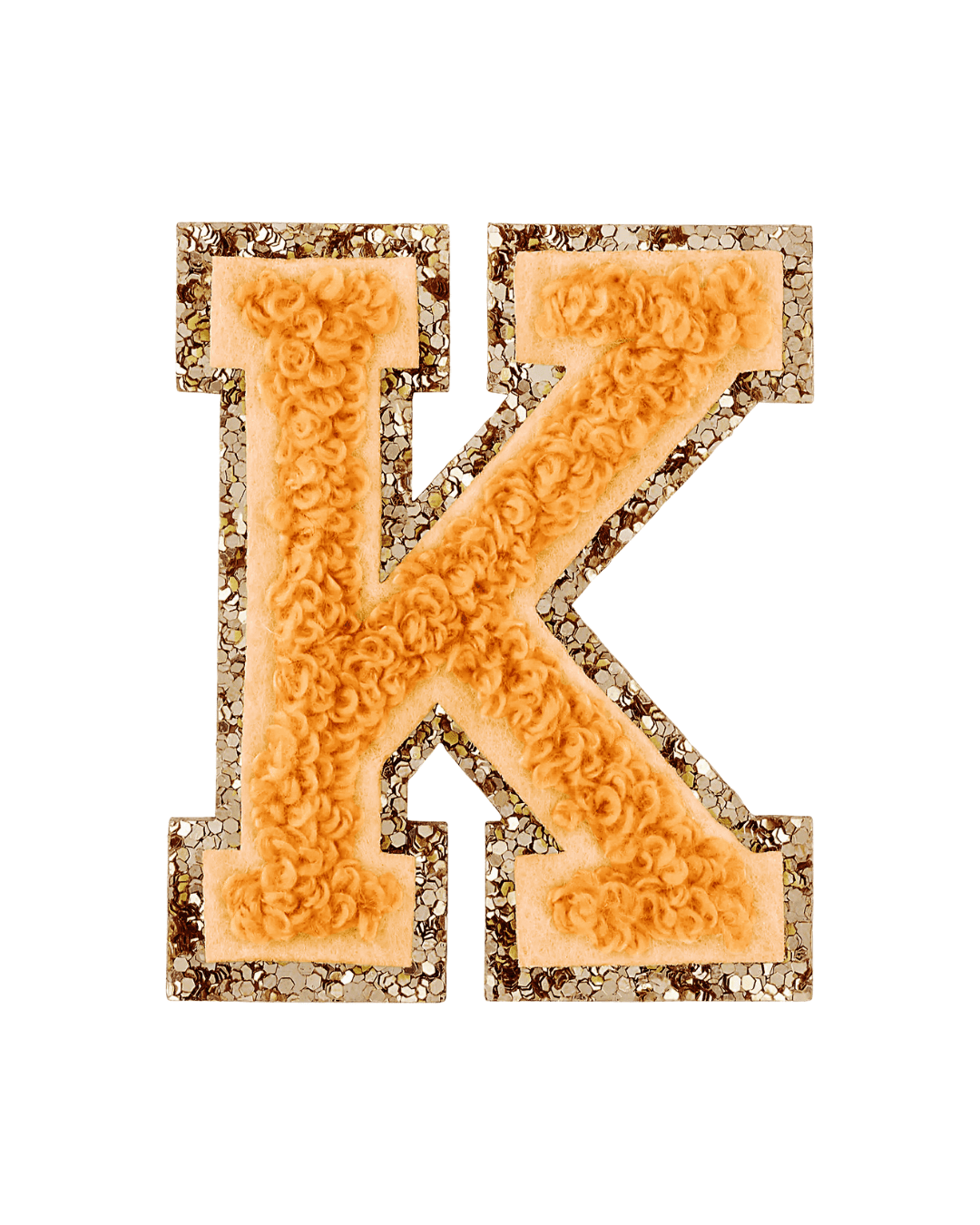 Orange varsity letter K patch with textured fabric and glitter border on white background