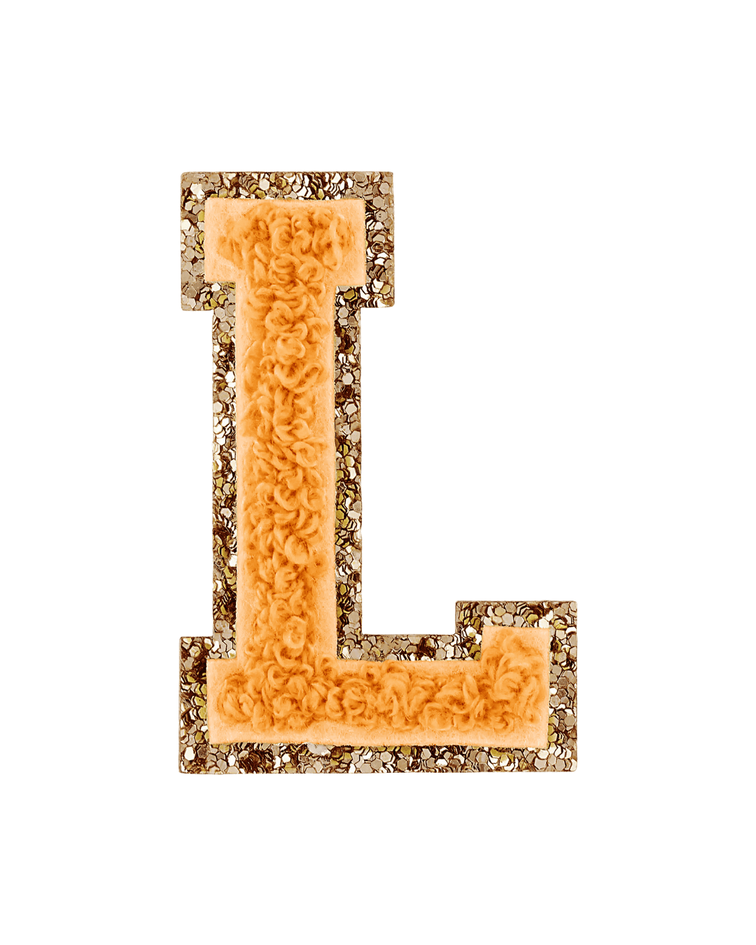 Orange chenille letter L patch with gold glitter border on white background