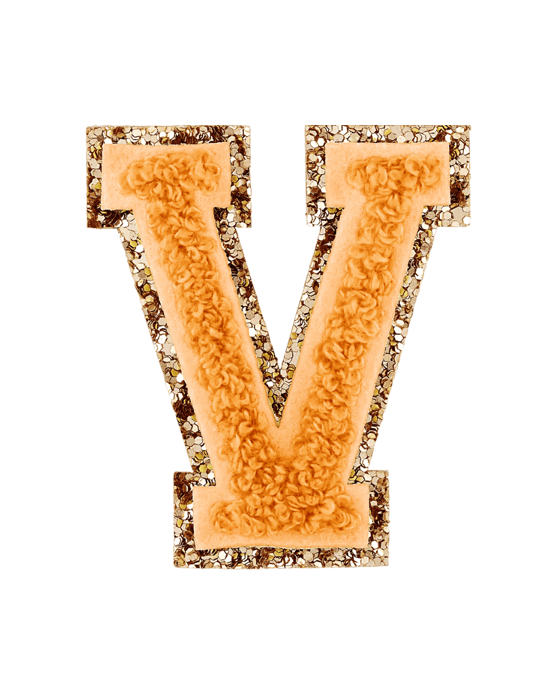 Orange textured varsity letter V patch with gold glitter outline on a white background
