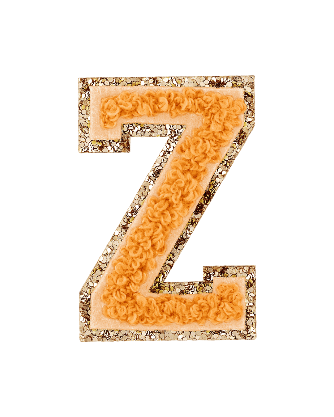 Orange textured letter Z patch with gold glitter border on white background