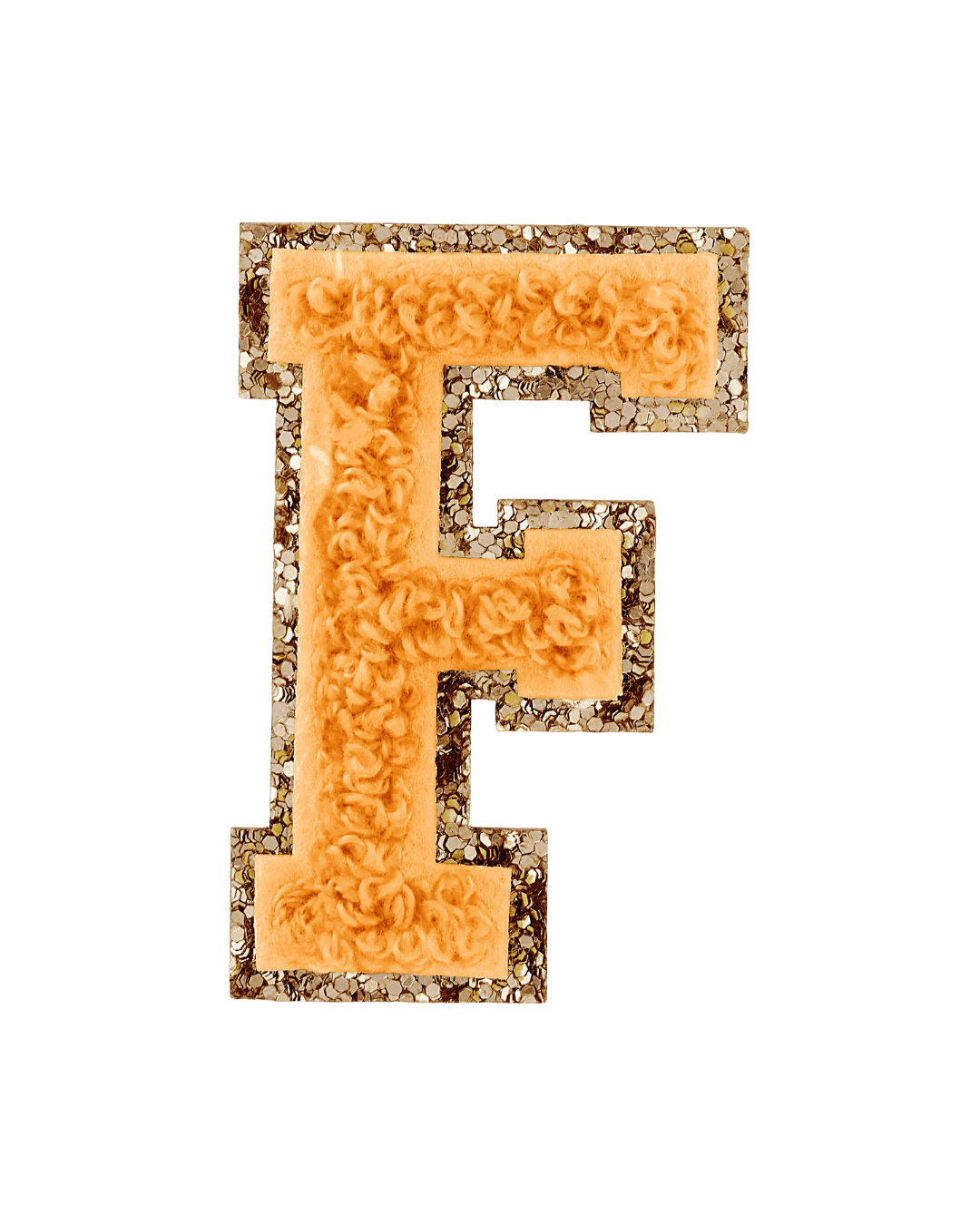 Orange chenille varsity letter F patch with gold glitter border on white background.