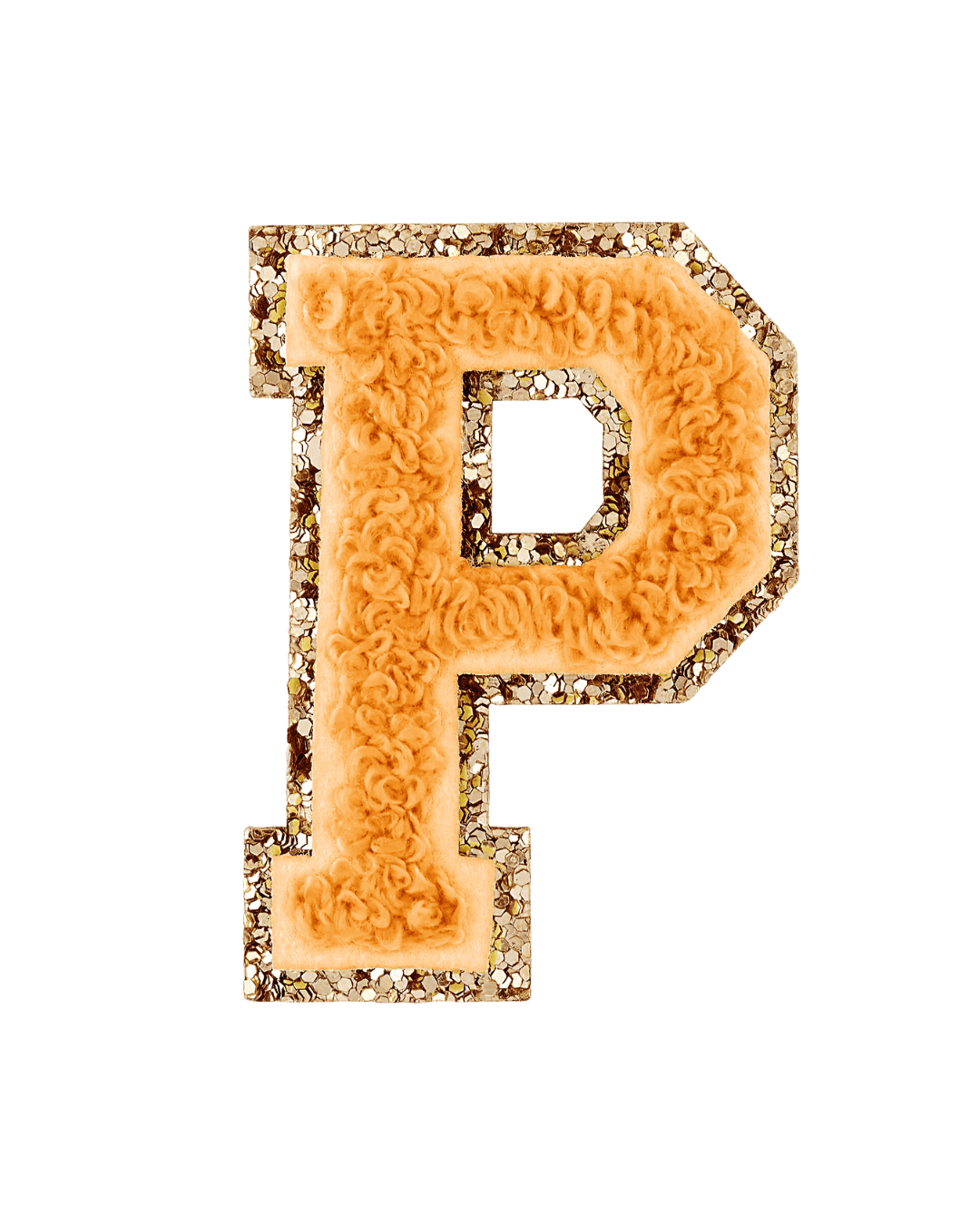 Orange varsity letter patch with textured fabric and gold glitter border on white background.