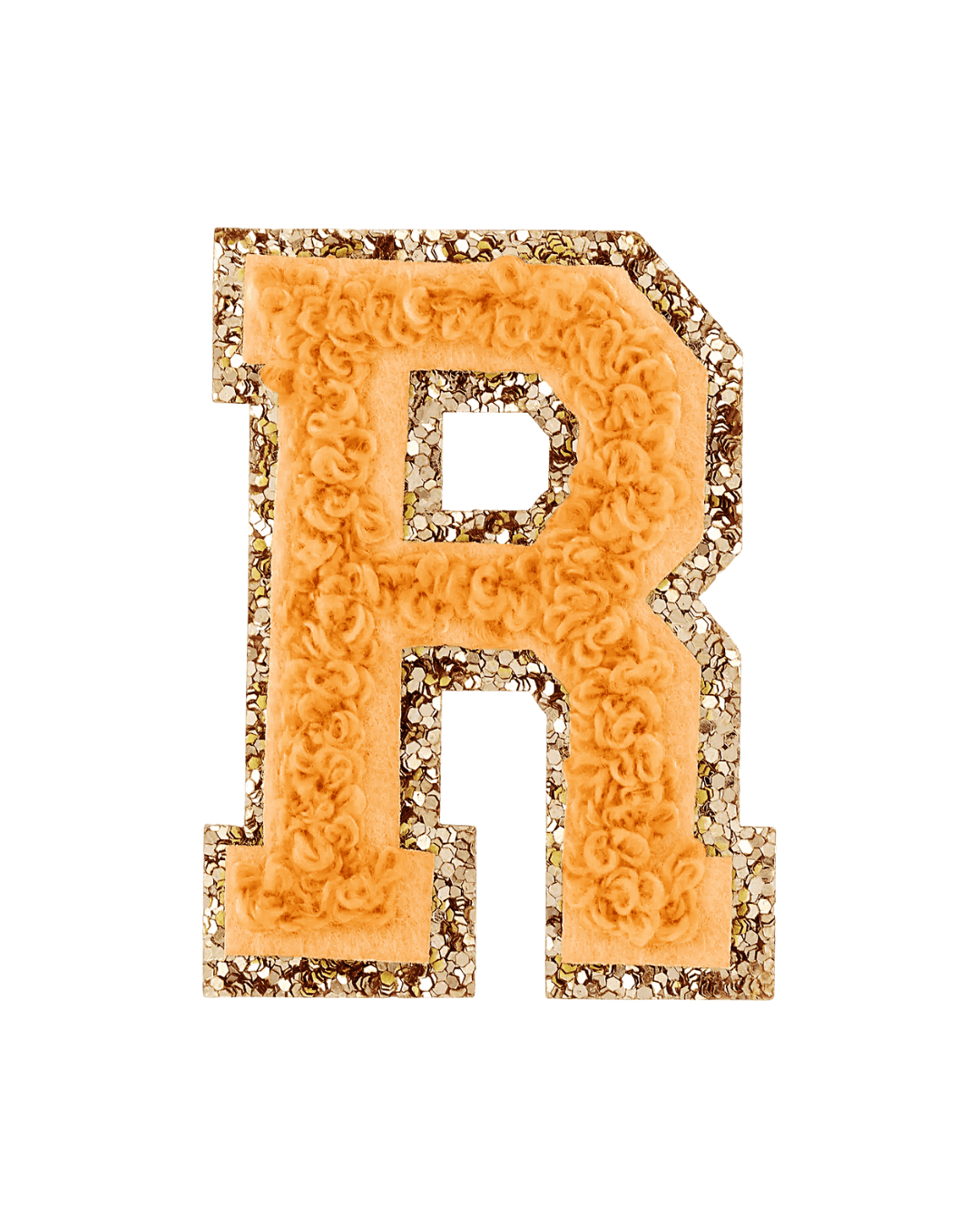 Orange varsity letter patch with textured fabric and gold glitter border on white background
