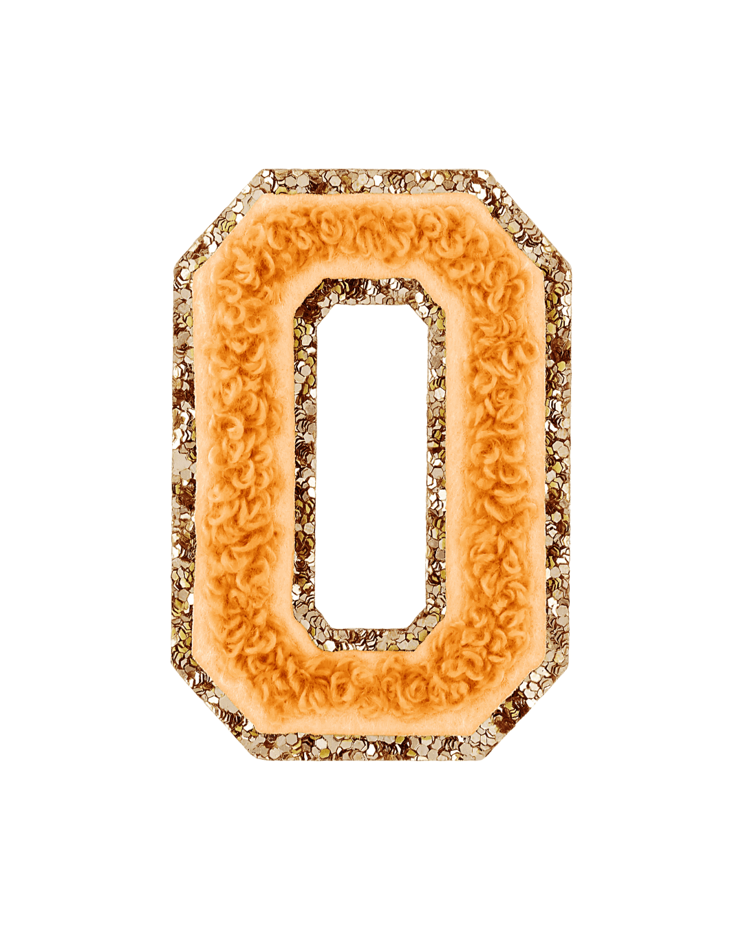 Orange varsity letter patch with glitter border and textured fabric center on white background.