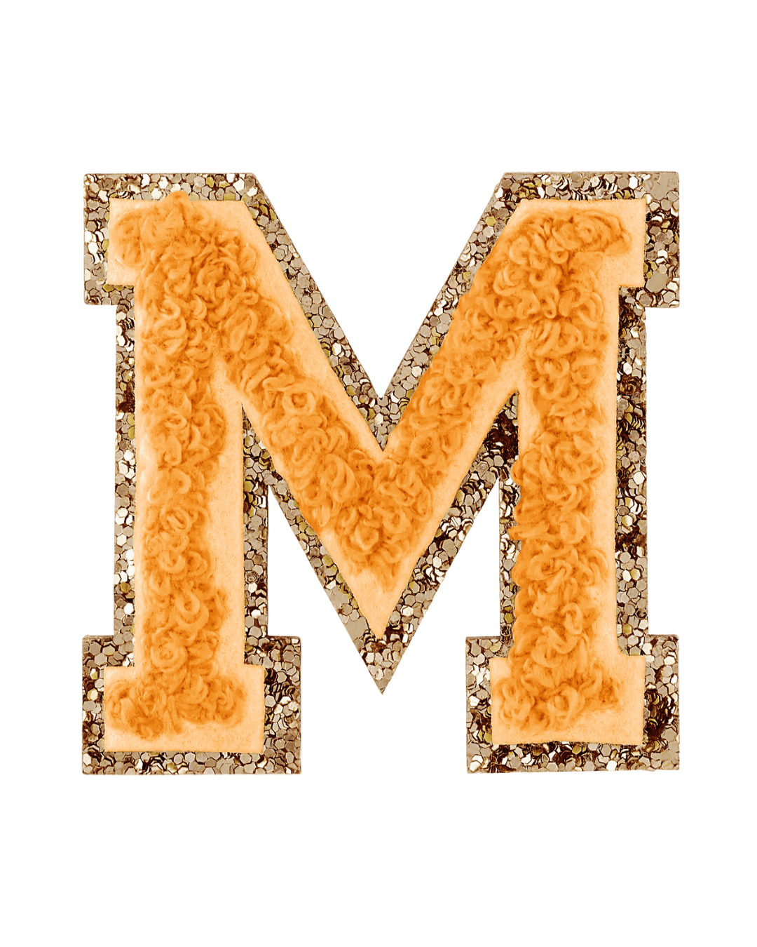 Orange chenille letter M patch with gold glitter border on a white background