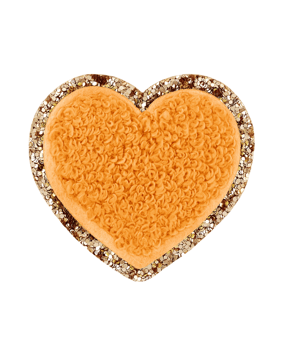 orange heart-shaped chenille patch with gold glitter border on a white background