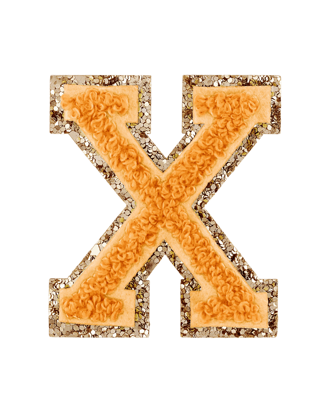 Orange chenille varsity letter patch with gold glitter border on white background