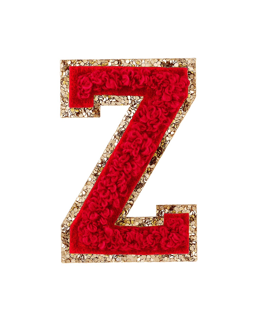red textured varsity letter Z patch with gold glitter border on white background