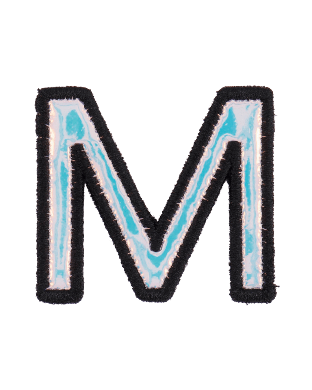 silver holographic letter M patch with black embroidered border on white background