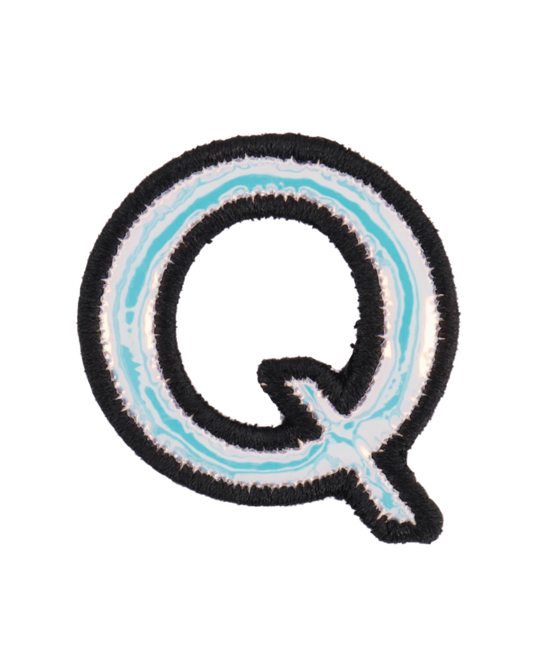 Silver holographic letter Q patch with black border on a white background