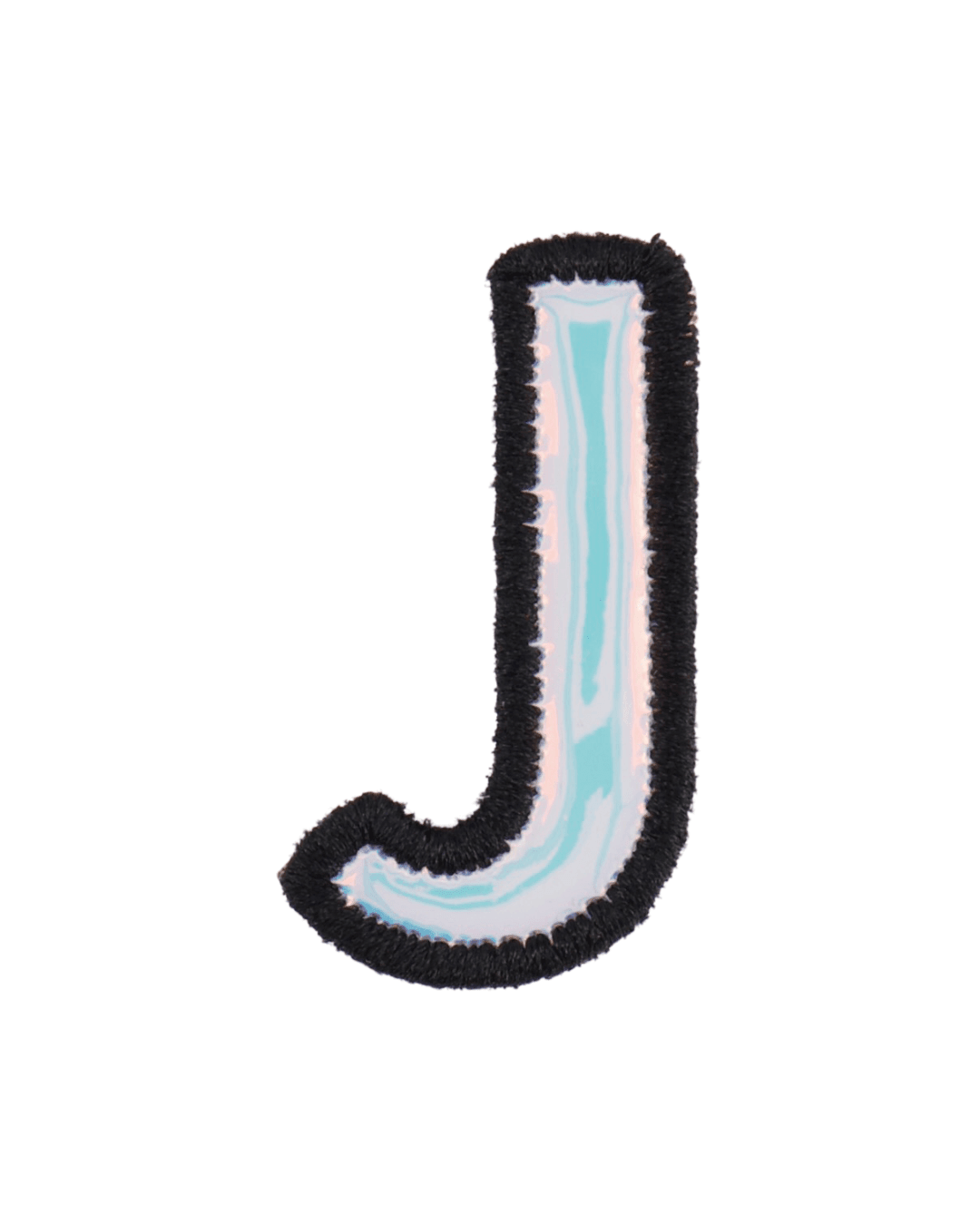 silver holographic letter J patch with black embroidered border on white background