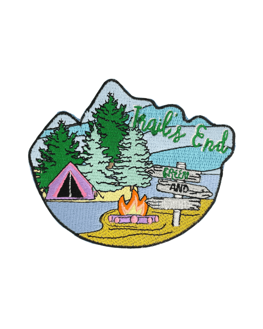 embroidered patch with campfire, pink tent, pine trees, wooden sign, and mountains