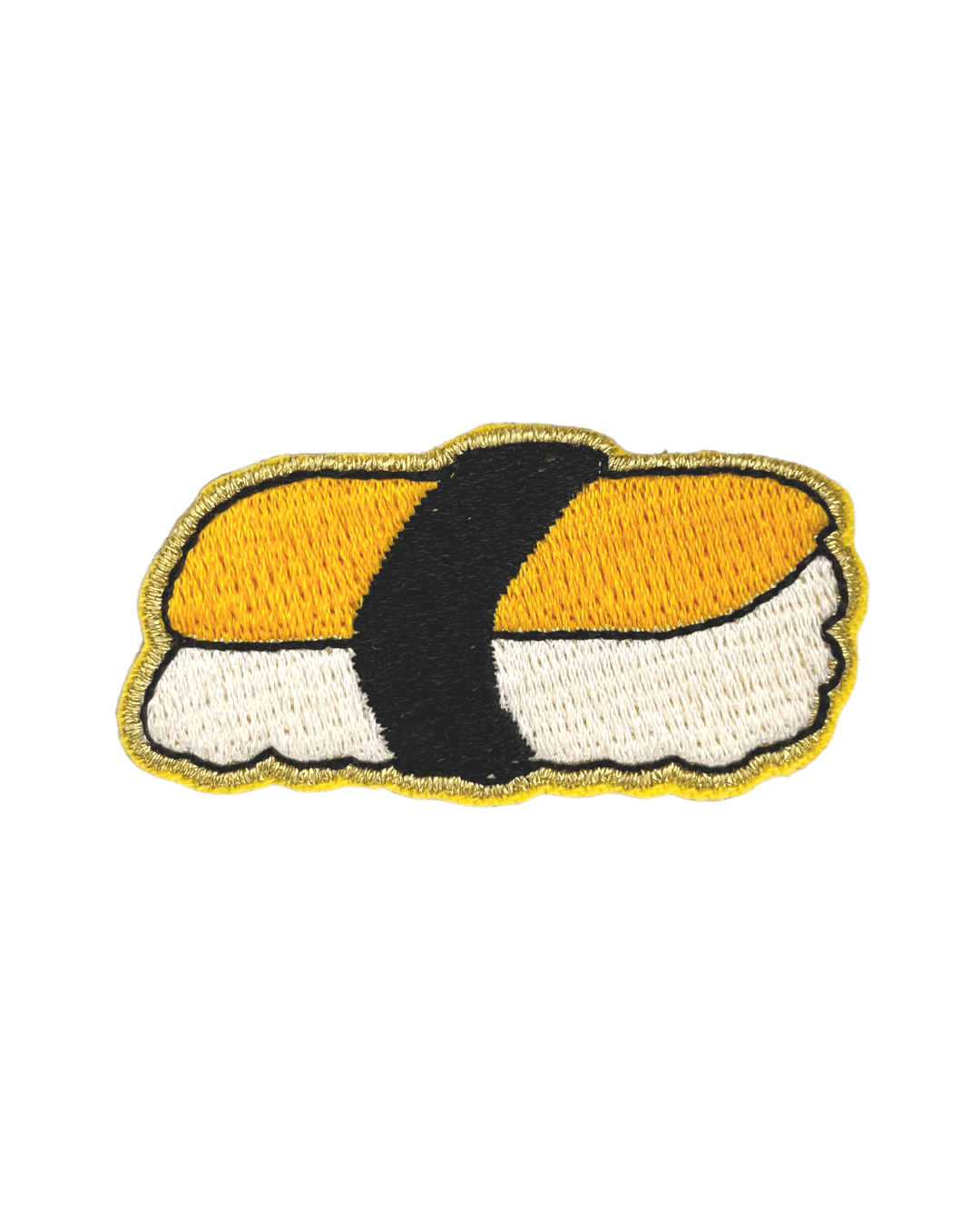 embroidered sushi patch with yellow, white, and black details on white background