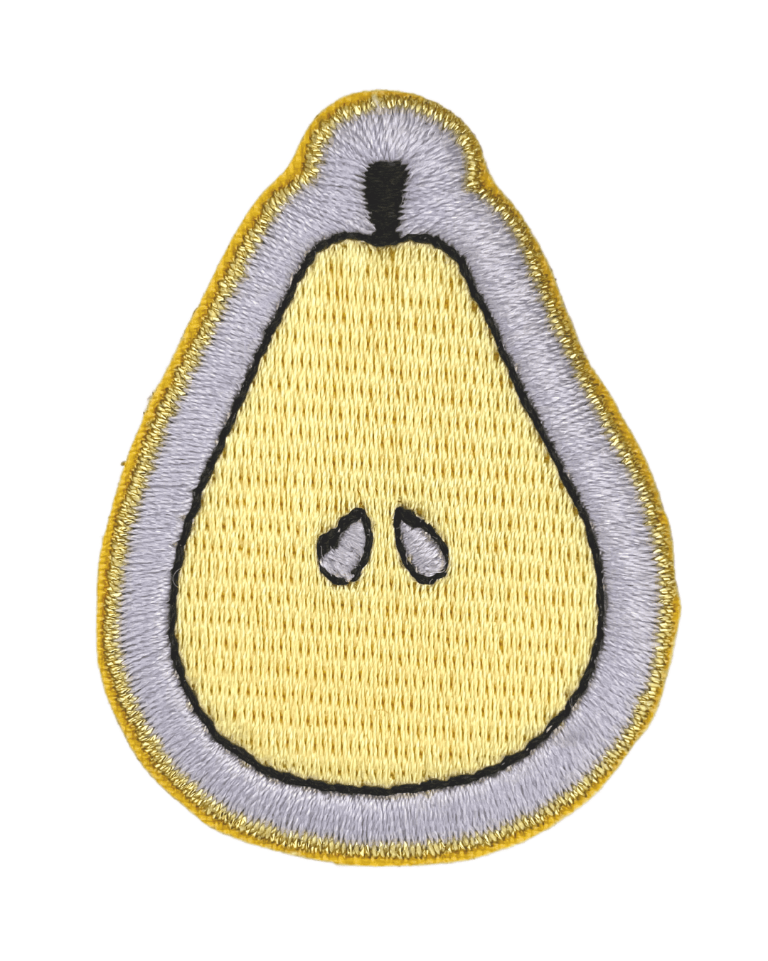 yellow pear shaped embroidered patch with gray and black details on white background