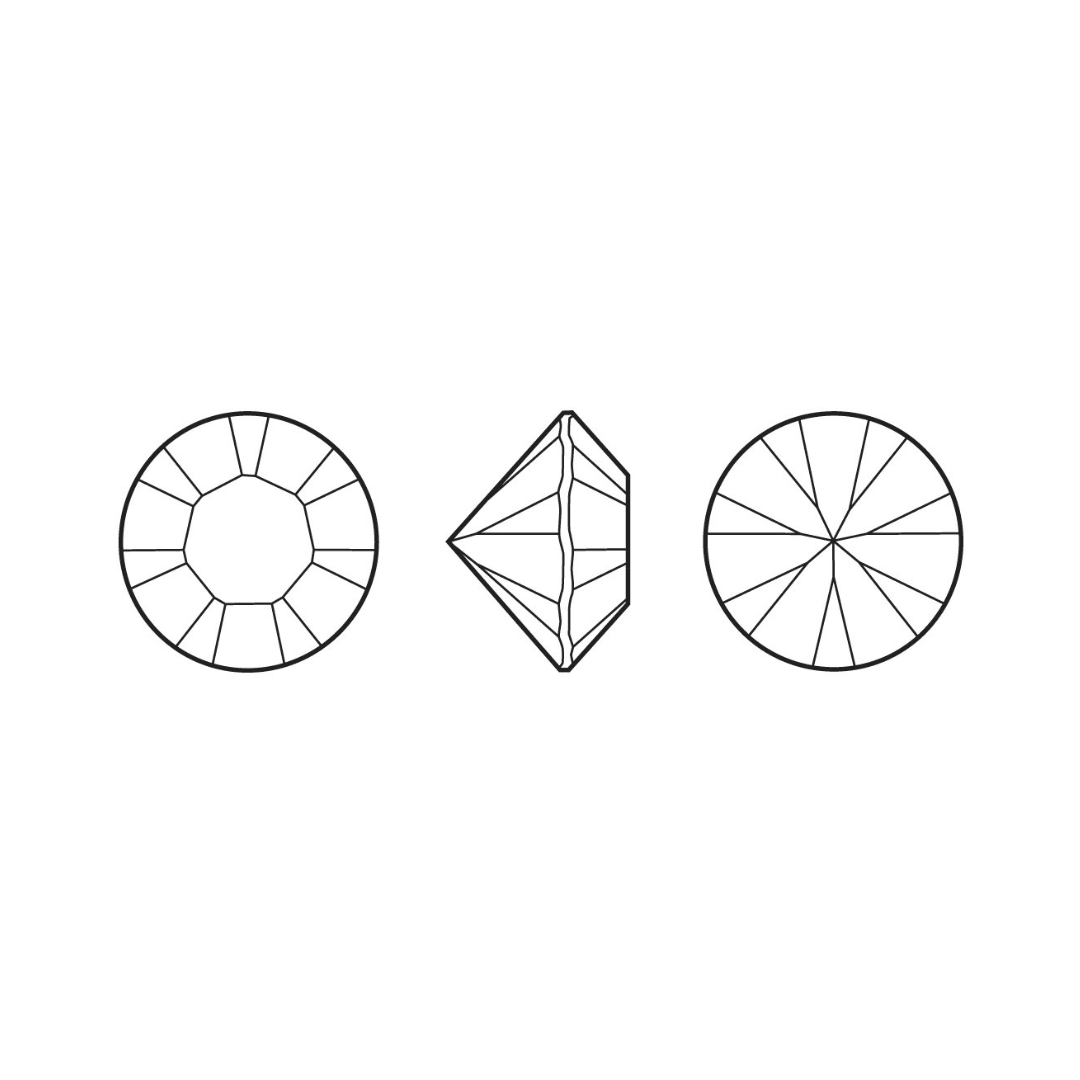 Line drawing of round faceted crystals with side and top views on a white background.