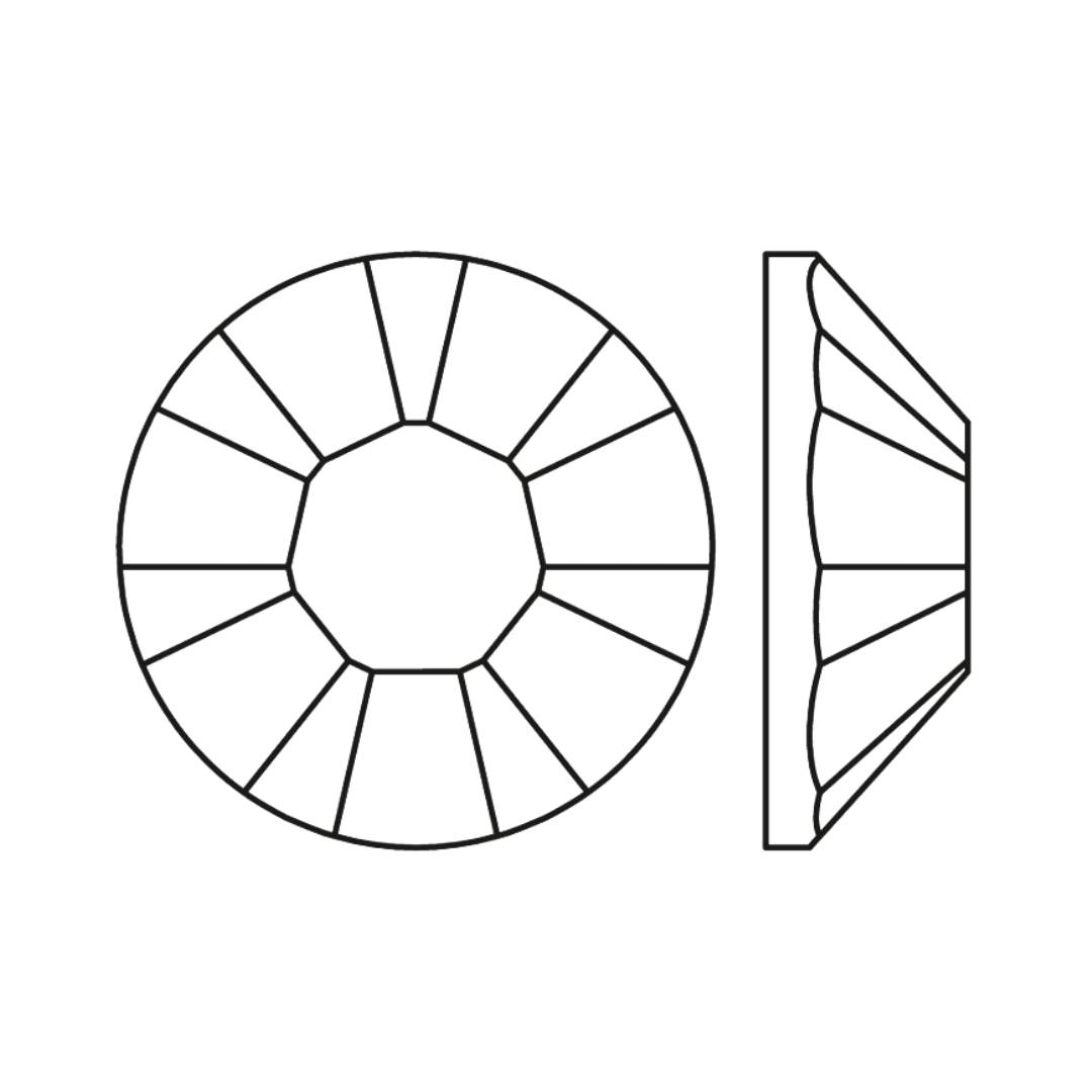 Line drawing of a round faceted flatback crystal, shown from top and side view, on white background.