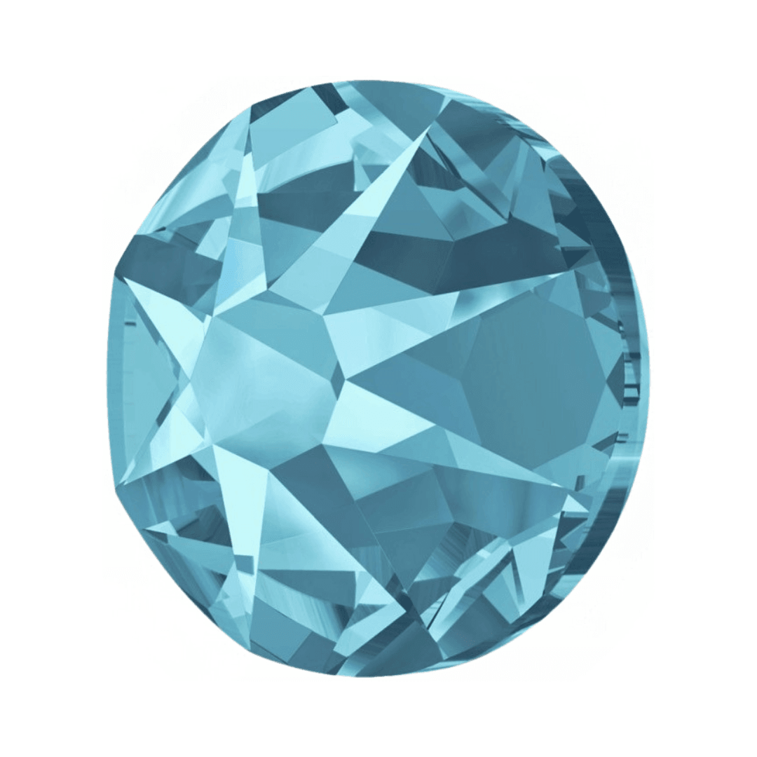 Round aquamarine blue crystal rhinestone with a faceted surface on a white background