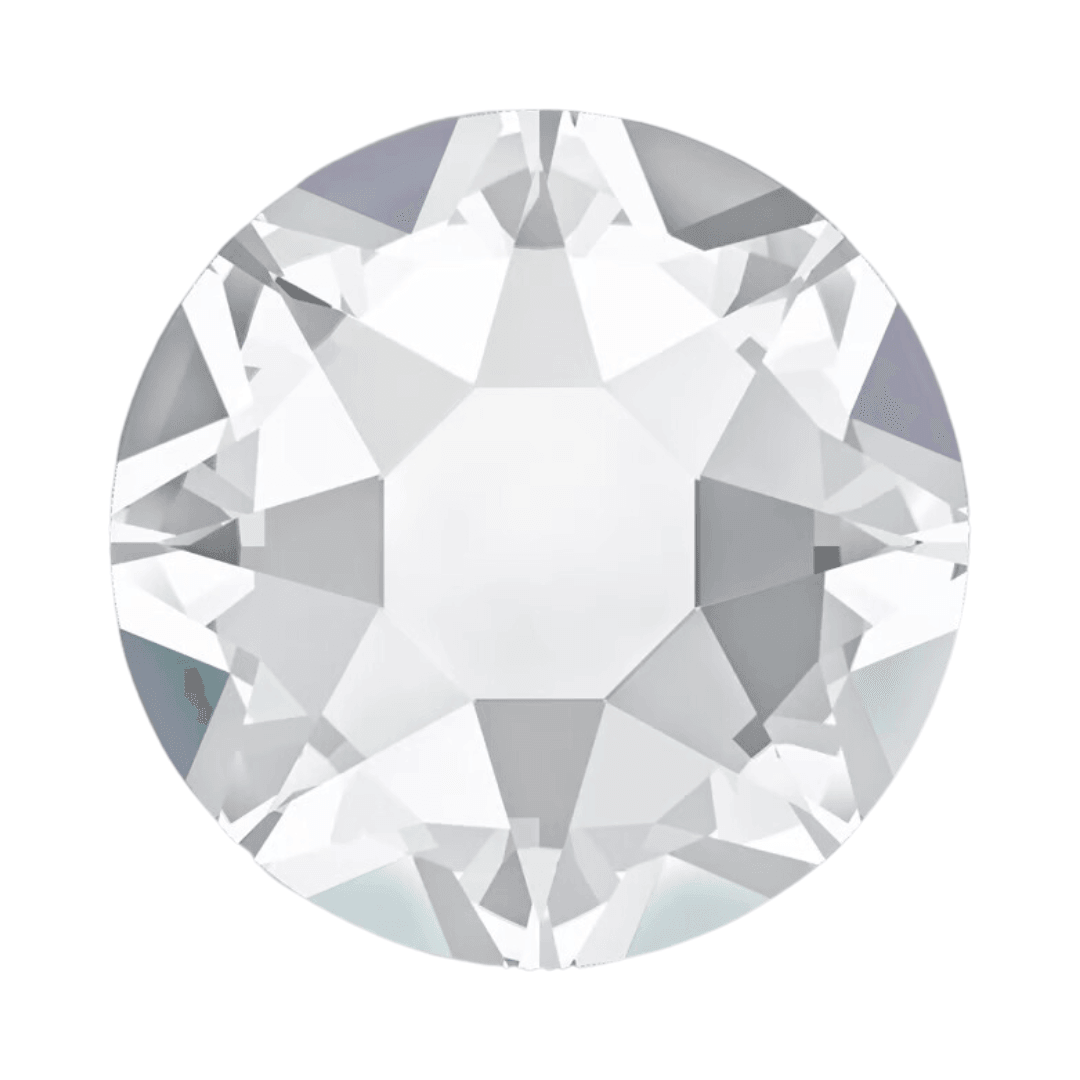 Round clear crystal rhinestone with faceted surface on a white background