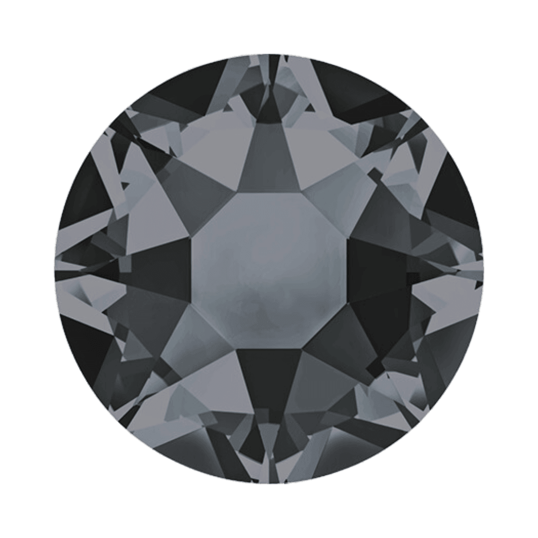 Round, faceted crystal rhinestone in dark grey color on a white background