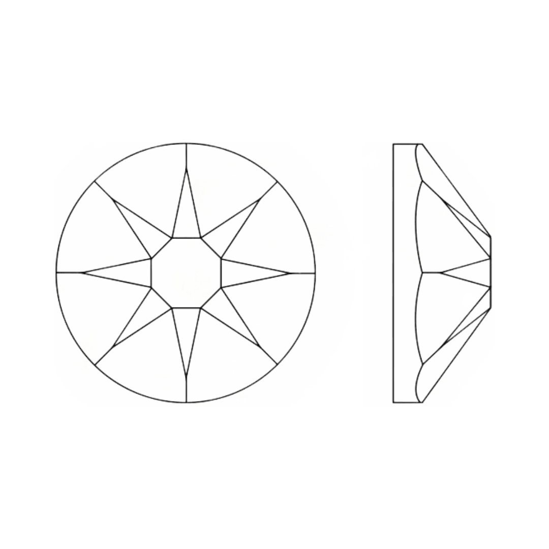 Line drawing of a round, faceted flatback crystal with top and side views on white background.