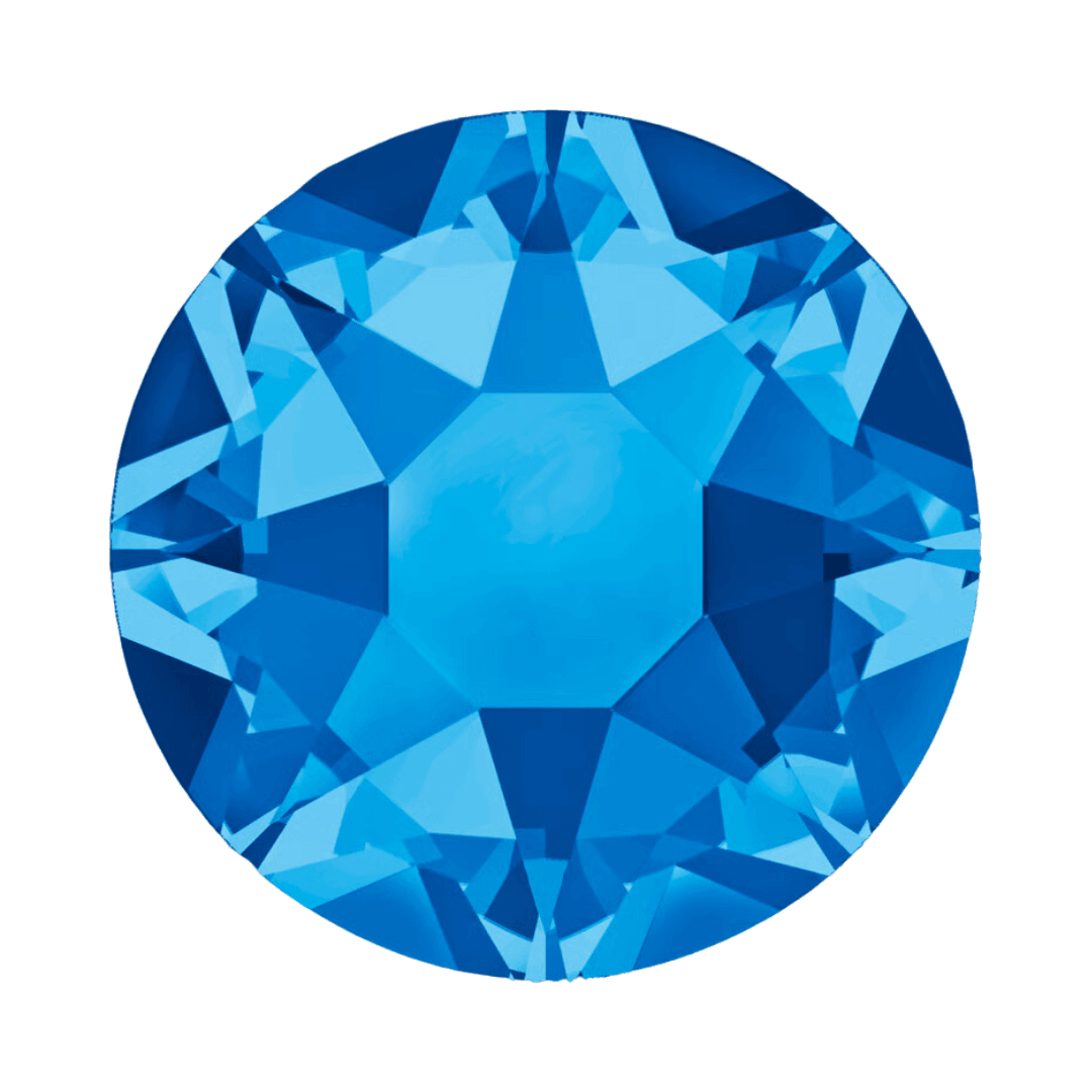 Round blue crystal rhinestone with faceted surface on a white background