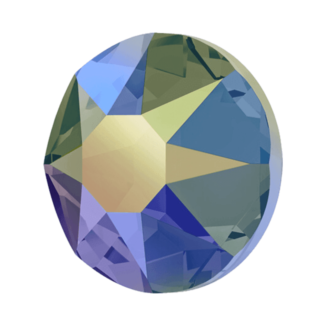 Round faceted crystal rhinestone with iridescent yellow, green, and purple hues