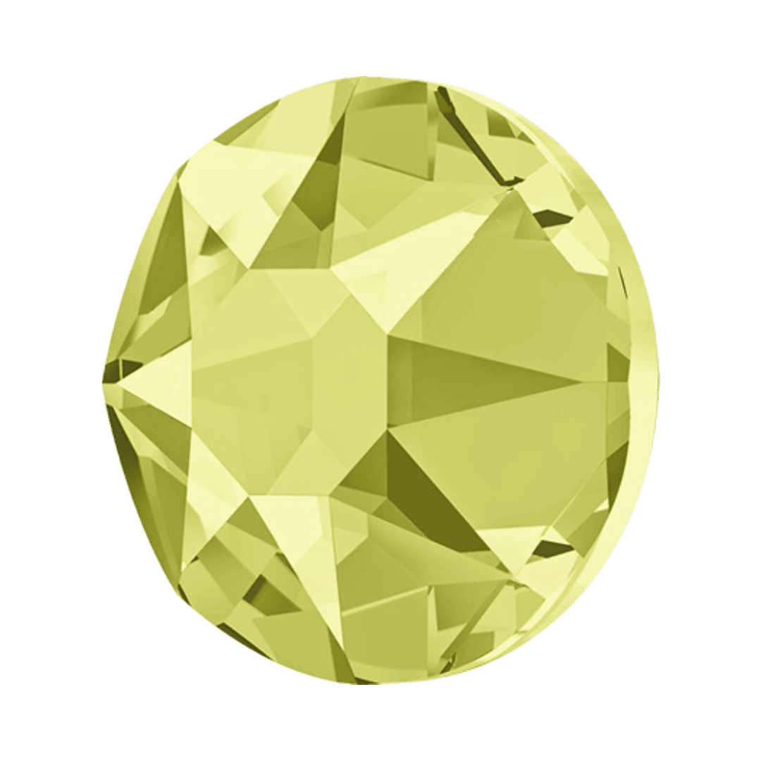 Round yellow faceted crystal with reflective surface on a white background
