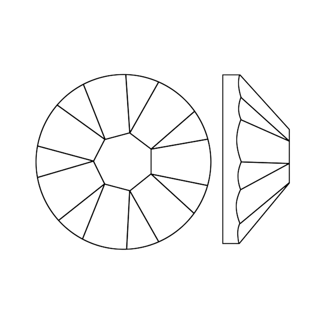 Round purple flatback crystal with faceted cut, shown from top and side view on white background